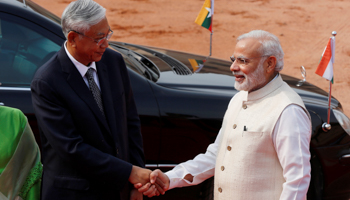 Myanmar's President Htin Kyaw with India's Prime Minister Narendra Modi, right in Delhi  (Reuters/Adnan Abidi)