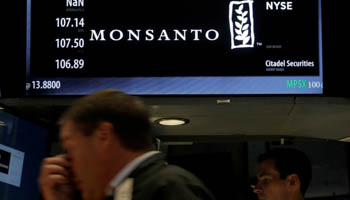 A trader works at the post where Monsanto Co. is traded on the floor of the New York Stock Exchange (Reuters/Brendan McDermid)