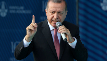 President Recep Tayyip Erdogan speaking at the opening of the Yavuz Sultan Selim bridge across the Bosphorus (Reuters/Murad Sezer)