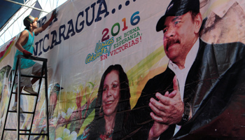 A banner showing support of President Daniel Ortega and vice presidential candidate first lady Rosario Murillo (Reuters/Oswaldo Rivas)