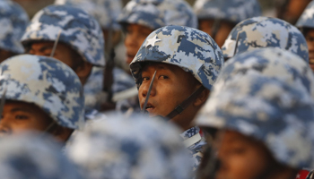 Soldiers march during a parade in Naypyitaw, Myanmar (Reuters/Soe Zeya Tun)