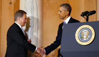 US President Barack Obama, right, and the Finland President Sauli Niinisto at the US-Nordic Leaders Summit (Reuters/Kevin Lamarque)