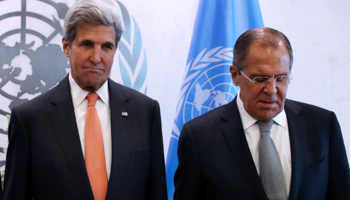 US Secretary of State John Kerry, left, and Russian counterpart Sergey Lavrov seen at the UN (Reuters/Andrew Kelly)