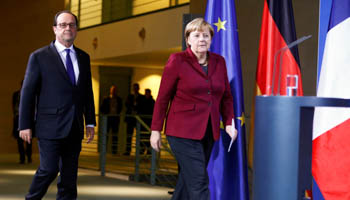 German Chancellor Angela Merkel and French President Francois Hollande at the chancellery in Berlin, Germany (Reuters/Hannibal Hanschke)