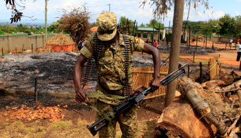 A member of the Uganda military guards the burnt down royal palace of Charles Wesley Mumbere, king of the Rwenzururu (Reuters/JamesAkena)