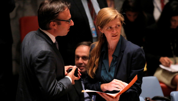 United States Ambassador to the UN Samantha Power, right, at the United Nations Security Council (Reuters/Andrew Kelly)