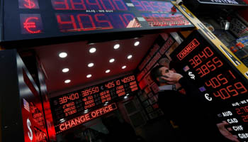 Boards showing the dollar and euro exchange rates against the  lira (Reuters/Murad Sezer)