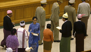 NLD leader Aung San Suu Kyi, centre, in parliament in Naypyidaw (Reuters/Soe Zeya Tun)