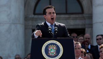 Governor Ricardo Rossello of Puerto Rico addresses an audience during his swearing-in ceremony, San Juan (Reuters/Alvin Baez)