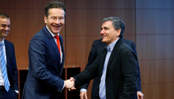 Eurogroup President Jeroen Dijsselbloem, left, and Greek Finance Minister Euclid Tsakalotos (Reuters/Francois Lenoir)