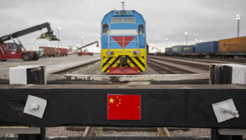 A Chinese flag marking a railway linked to China is seen in Almaty, Kazakhstan (Reuters/Shamil Zhumatov)