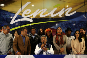 Lenin Moreno, presidential candidate of the ruling PAIS Alliance Party, and candidates for Ecuador's Assembly at a news conference in Quito  (Reuters/Mariana Bazo)