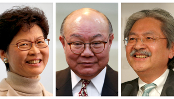 Chief executive election candidates, left to right, Carrie Lam, Woo Kwok-hing and John Tsang  (Reuters/Bobby Yip)