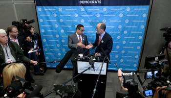 Deputy DNC Chair Keith Ellison, left, and DNC Chair Tom Perez speak with the press in Atlanta, Georgia (Reuters/Chris Berry)