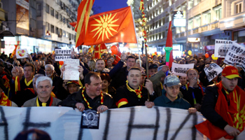 Protesters demonstrate in Skopje on March 9 against the threat they see to Macedonia's sovereignty and integrity from the ethnic Albanian parties (Reuters/Ognen Teofilovski)
