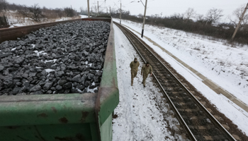 Activists walk along carriages loaded with coal from the occupied territories at Kryvyi Torets station in the village of Shcherbivka, Ukraine (Reuters/Konstantin Chernichkin)