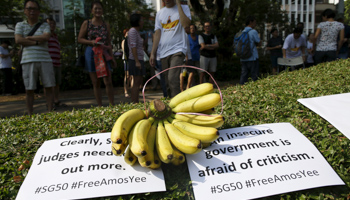 Demonstrators gather behind a bunch of bananas, a symbol of their protest to free blogger Amos Yee, at Hong Lim Park in Singapore, 2015 (Reuters/Edgar Su)