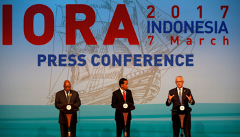 Australian Prime Minister Malcolm Turnbull, right, Indonesian President Joko Widodo, centre, and South African President Jacob Zuma at the IORA Summit in Jakarta, March 2017 (Reuters/Darren Whiteside)