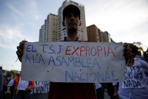 A protester with a sign reading ‘The TSJ expropriates the National Assembly’ (Reuters/Marco Bello)