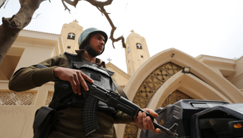 An armed policeman secures the Coptic church that was bombed on Sunday in Tanta, Egypt April 10, 2017 (Reuters/Mohamed Abd El Ghany)