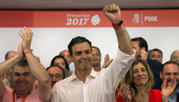 Socialists' Pedro Sanchez celebrates victory as he gets elected as the party's leader in Madrid, Spain (Reuters/Sergio Perez)