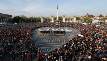 The protest in Budapest’s Heroes’ Square against legislation undermining Central European University, April 12 (Reuters/Laszlo Balogh)