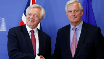 The European Union's chief Brexit negotiator Michael Barnier, right, and Britain's Secretary of State for Exiting the European Union, David Davis at the European Commission in Brussels (Reuters/Francois Lenoir)