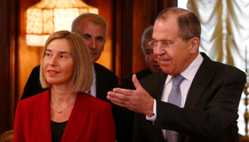 Russian Foreign Minister Sergei Lavrov and Frederica Mogherini, the European Union's Foreign Policy chief in Moscow (Reuters/Sergei Karpukhin)