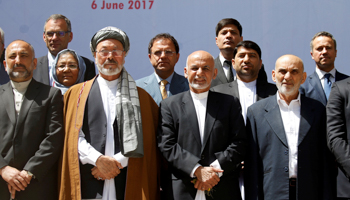 Afghan president Ashraf Ghani, front 3rd from left, at a peace and security cooperation conference in Kabul, Afghanistan June 2017 (Reuters/Omar Sobhani)