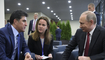 Russia's President Vladimir Putin, right, meets with and Iraq's Kurdistan Prime Minister Nechirvan Barzani, left, at the St Petersburg International Economic Forum, Russia, June 2017 (Reuters/Sputnik/Alexei Druzhinin)