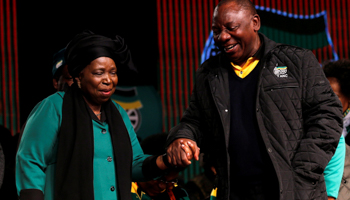 Former African Union chairperson Nkosazana Dlamini-Zuma with South Africa's Deputy President Cyril Ramaphosa at the ANC policy conference (Reuters/Siphiwe Sibeko)
