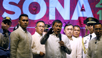 Philippine President Rodrigo Duterte speaking to protesters after his State of the Nation address in Quezon city, Metro Manila, Philippines (Reuters/Erik De Castro)