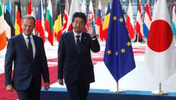 Japan's Prime Minister Shinzo Abe, right, with European Council President Donald Tusk at the EU-Japan summit in Brussels (Reuters/Yves Herman)