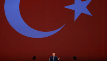 Turkish President Tayyip Erdogan addressing the 22nd World Petroleum Congress in Istanbul, July 10, claiming Turkey had outperformed Europe in generating up to 30% of its electricity from renewable energy sources (Reuters/Murad Sezer)