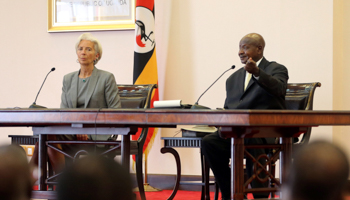 Uganda’s President Yoweri Kaguta Museveni, right, holds a joint media briefing with the visiting IMF Managing Director Christine Lagarde, south of Kampala, Uganda (Reuters/James Akena)