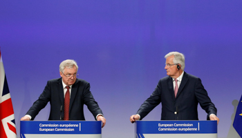 Britain's Secretary of State for Exiting the European Union David Davis, left, and European Union's chief Brexit negotiator Michel Barnier in Brussels, Belgium (Reuters/Francois Lenoir)