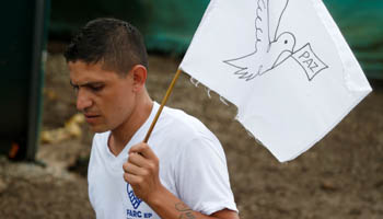 A FARC rebel waves a peace flag during the final act of abandonment of arms in Mesetas, Colombia (Reuters/Jaime Saldarriaga)