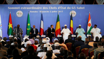 French President Emmanuel Macron and other political leaders at the G5 Sahel summit at the Koulouba presidential palace in Bamako, Mali (Reuters/Luc Gnago)
