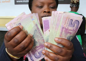 A currency dealer counts bond notes outside a bank in Harare (Reuters/Philimon Bulawayo)