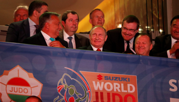 Russian President Vladimir Putin and Hungarian Prime Minister Viktor Orban at the Suzuki World Judo Championship in Budapest (Reuters/Laszlo Balogh)