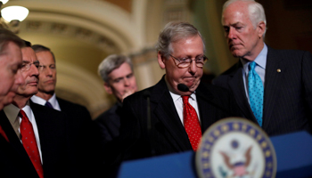 Senate Majority Leader Mitch McConnell speaks with reporters on Capitol Hill (Reuters/Aaron P Bernstein)