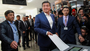 Presidential candidate Sooronbay Jeenbekov at a polling station in Bishkek, Kyrgyzstan (Reuters/Vladimir Pirogov)