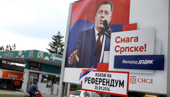 Milorad Dodik, President of Republika Srpska is pictured on a poster calling for votes for a referendum (Reuters/Dado Ruvic)