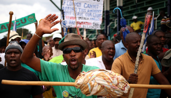 Miners during industrial action at Wonderkop stadium in Rustenburg, Johannesburg, 2014 (Reuters/Siphiwe Sibeko)