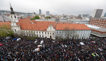 Demonstrators at an anti-corruption rally in Bratislava, Slovakia, April 18 (Reuters/David W Cerny)
