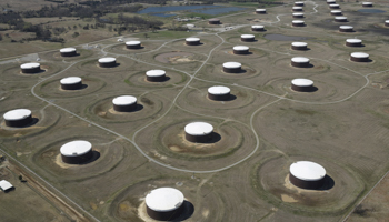 Crude oil storage tanks are seen from above at the Cushing oil hub in Oklahoma (Reuters/Nick Oxford)