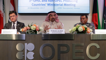 Russian Energy Minister Alexander Novak, Saudi Arabia's Oil Minister Khalid al-Falih and OPEC Secretary General Mohammad Barkindo in Vienna, Austria (Reuters/Heinz)