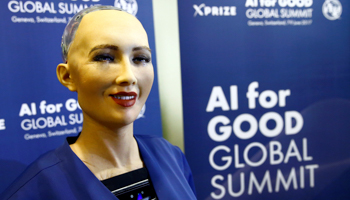 Sophia, a robot developed by Hanson Robotics is pictured during a presentation at the "AI for Good" Global Summit at the International Telecommunication Union in Geneva (Reuters/Denis Balibouse)