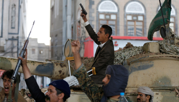 Huthi militants react after the death of Yemen's former president Ali Abdullah Saleh, in Sanaa, Yemen (Reuters/Khaled Abdullah)