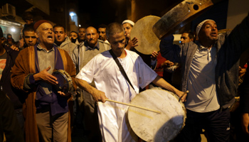 Libyan Sufi Muslims chant and beat drums during a procession to celebrate the birth of Prophet Mohammad in Benghazi, Libya (Reuters/Esam Omran Al)
